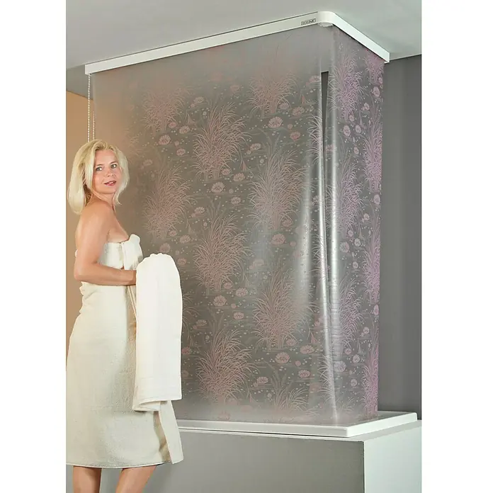 Eco-Dur Eck-Duschrollo - 62 x 137 x 240 cm, Seerosen, Flieder/Weiß - Anwendungsbeispiel