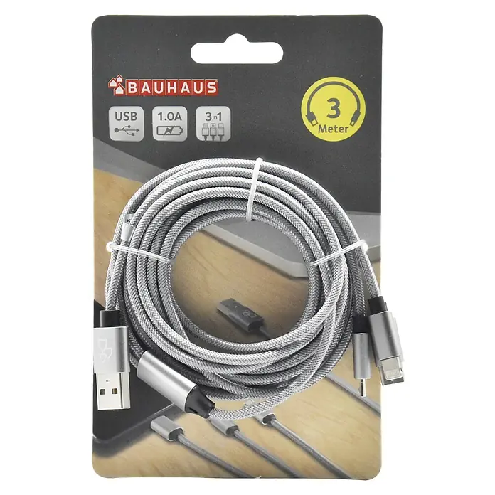 BAUHAUS Cable de carga USB - Plateado, 3 m, Conector USB A, conector USB C, conector USB Micro, conector Lightning - Vista frontal