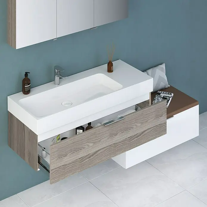 Camargue Cube Waschtischunterschrank - 120 x 48 x 30 cm, Eiche Cordoba, Matt - Anwendungsbeispiel