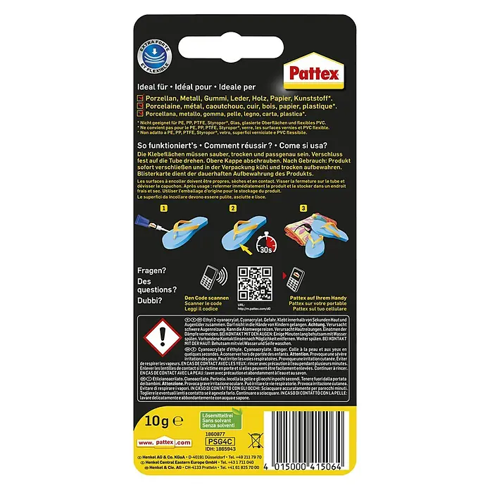 Pattex Sekundenkleber Ultra Gel - 10 g, Tube, Gelartig - Rückansicht