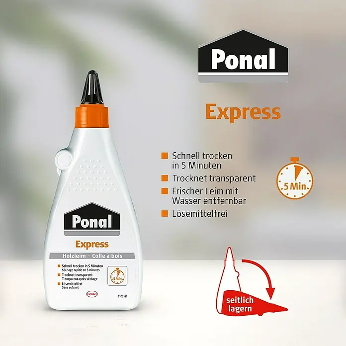 Ponal Holzleim Express - 225 g, Lösemittelfrei, Schnelltrocknend, Transparent (getrocknet) - Informationsansicht