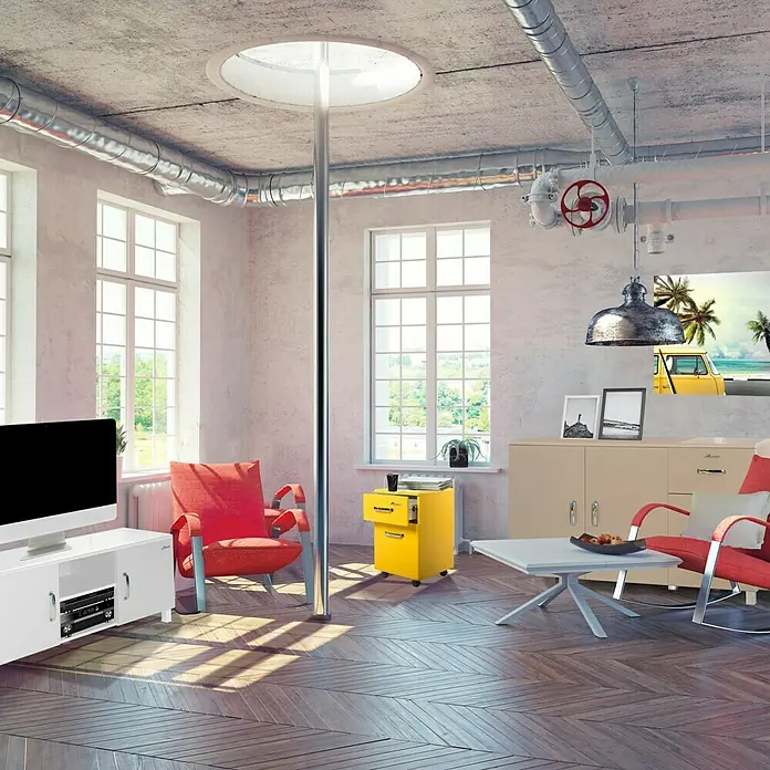 Phönix Miami Kommode - L x B x H: 43 x 97,6 x 88,8 cm, Weiß, 2 verchromte Griffe - Stimmungsaufnahme