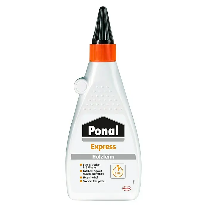 Ponal Holzleim Express - 550 g, Lösemittelfrei, Schnelltrocknend, Transparent (getrocknet) - Vorderansicht