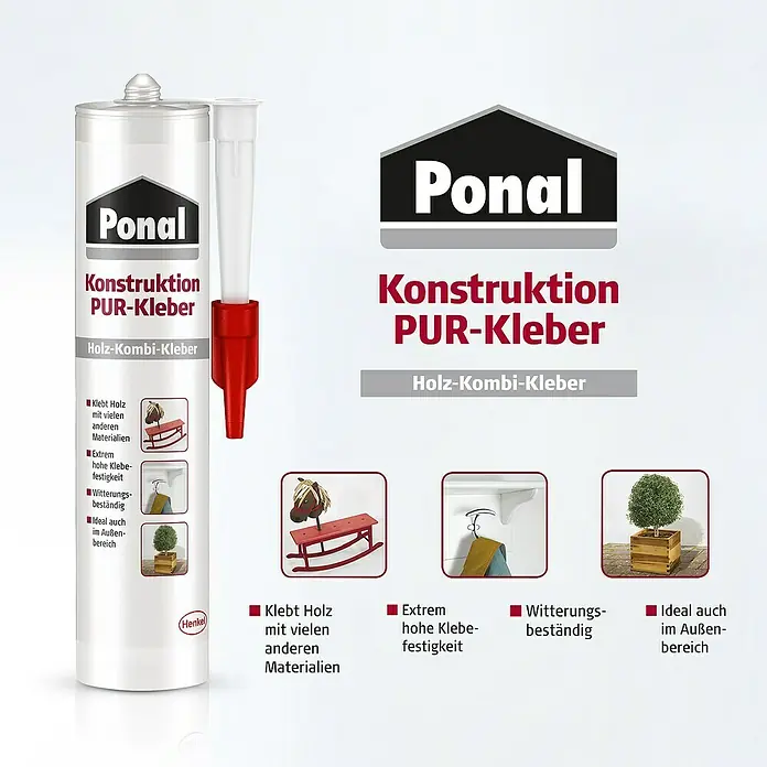 Ponal Konstruktion PUR-Kleber - 530 g, Gebrauchsfertig, Transparent (getrocknet) - Informationsansicht