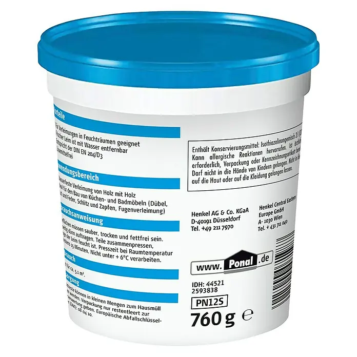 Ponal Holzleim Wasserfest - 760 g, Lösemittelfrei, Transparent (getrocknet) - Rückansicht