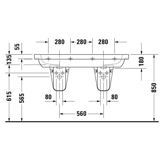 Duravit D-Code Doppelwaschtisch - 120 x 49 cm, Ohne Spezialglasur, Hahnloch: Mitte, Mit Überlauf, Weiß - Skizze