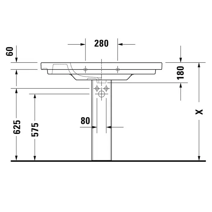 Duravit D-Code Waschtisch - 105 x 48 cm, Ohne Spezialglasur, Hahnloch: Mitte, Mit Überlauf, Weiß - Skizze