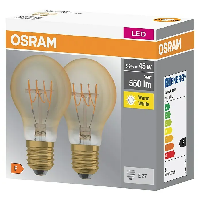Osram LED-Leuchtmittel True Filament Classic A - E27, 5,9 W, 550 lm, 2 Stk., Gold - Diagonale Ansicht