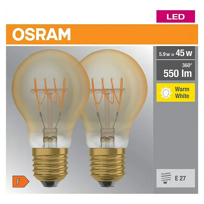 Osram LED-Leuchtmittel True Filament Classic A - E27, 5,9 W, 550 lm, 2 Stk., Gold - Vorderansicht