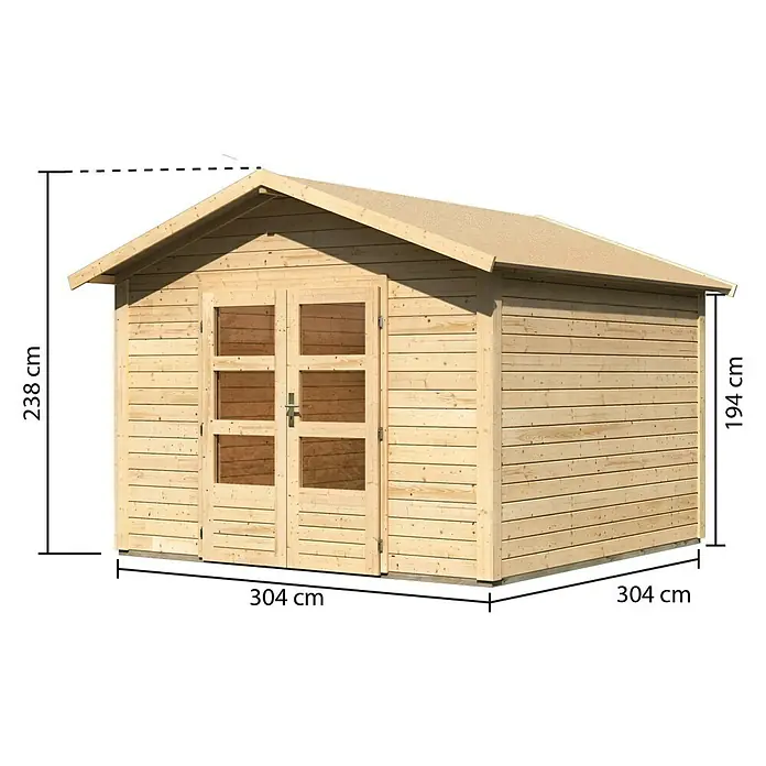 Karibu Gartenhaus Talkau 8 - 330 x 330 cm, Wandstärke: 28 mm, Satteldach, Natur - Linke Seitenansicht