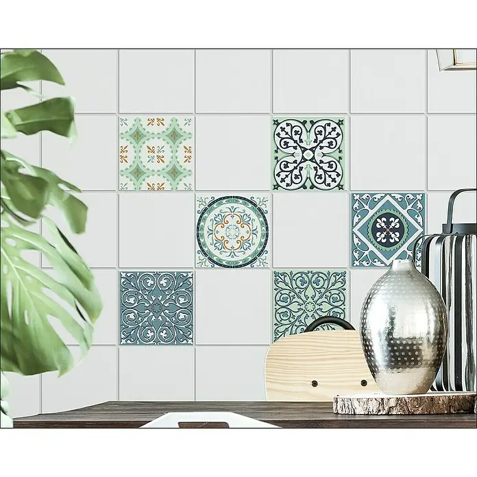 Vinilo para azulejos - 15 x 15 cm, 6 piezas, Verde/Naranja - Foto ambiente