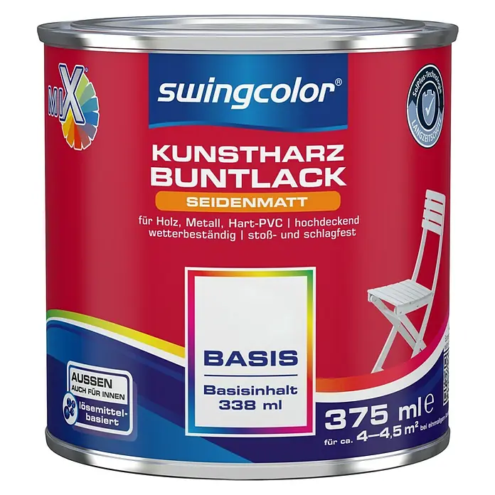 swingcolor Mix Buntlack Kunstharz für Außen - Basismischfarbe, 375 ml, Seidenmatt, Lösemittelbasiert - Vorderansicht