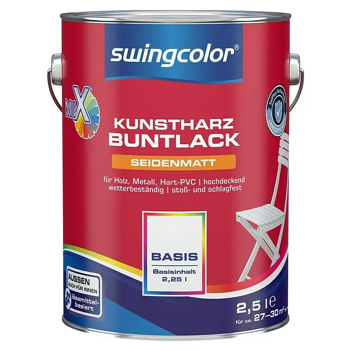 swingcolor Mix Buntlack Kunstharz für Außen - Basismischfarbe, 2,5 l, Seidenmatt, Lösemittelbasiert - Vorderansicht