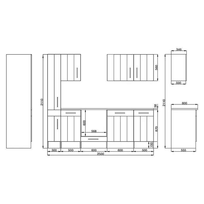 Respekta Premium Küchenzeile BERP250LHWC - Breite: 250 cm, Mit Elektrogeräten, Lärche Weiß-Nachbildung - Skizze