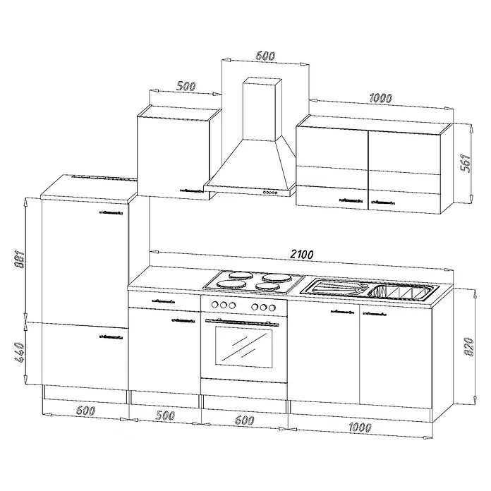 Respekta Küchenzeile Cuisine KB270ESWGCBO - Breite: 270 cm, Mit Elektrogeräten, Weiß - Skizze