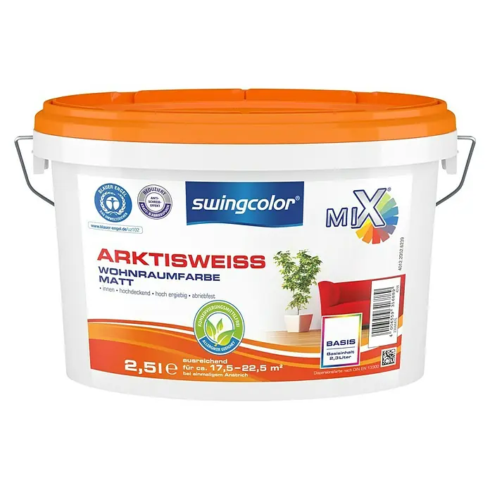 swingcolor Mix Wandfarbe Arktisweiß Basis 4 - Basismischfarbe, 2,5 l, Matt - Vorderansicht