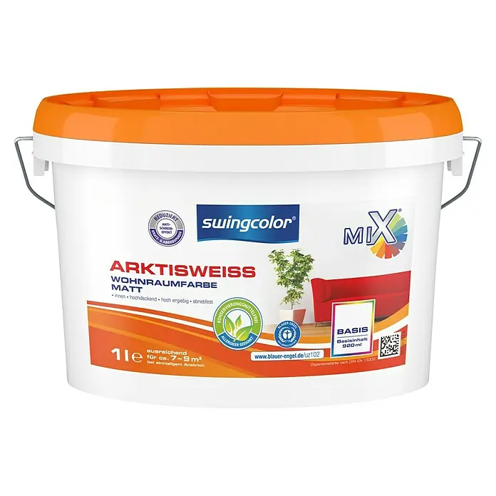 swingcolor Mix Wandfarbe Arktisweiß Basis 4 - Basismischfarbe, 1 l, Matt - Vorderansicht