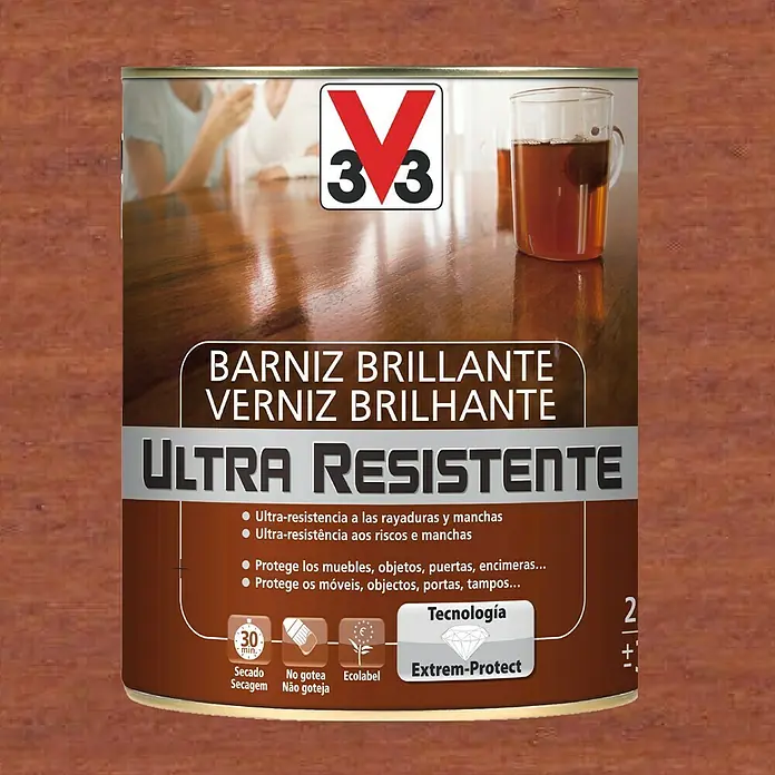 V33 Barniz para madera Brillante Ultra Resistente - Caoba, Brillante, 750 ml