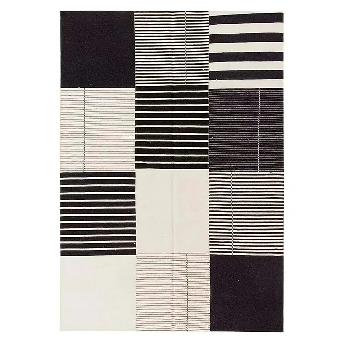 Alfombra Kilim Ardecor India - Blanco/Negro, 150 x 100 cm, Lana