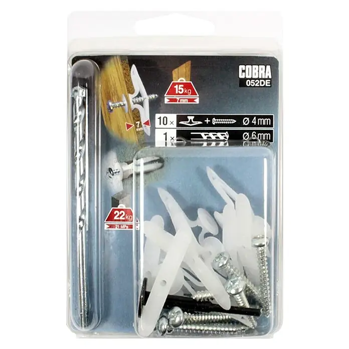 Cobra Set preklopne tiple - Promjer tiple: 4 mm, Sadržaj: 10 kom, Uključujući vijke/kuke: S vijcima, Opteretivost: 22 kg - Pogled sprijeda