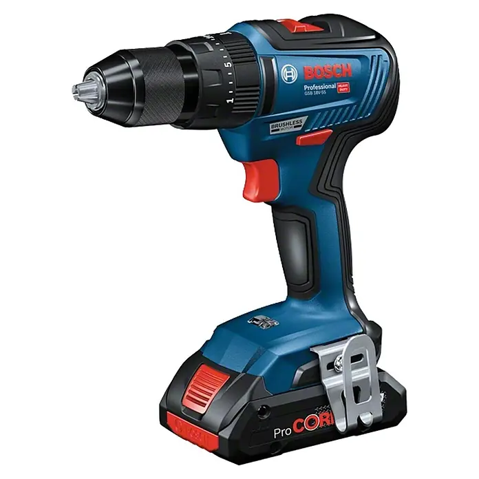 Bosch Professional Taladro atornillador percutor de batería GSB 18V-55 + amoladora GWS 18V-7 - 18 V, 2 baterías, 4 Ah - Vista angular