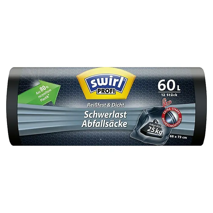 Swirl Müllbeutel Schwerlast - 60 l l, 12 Stk., Schwarz - Vorderansicht