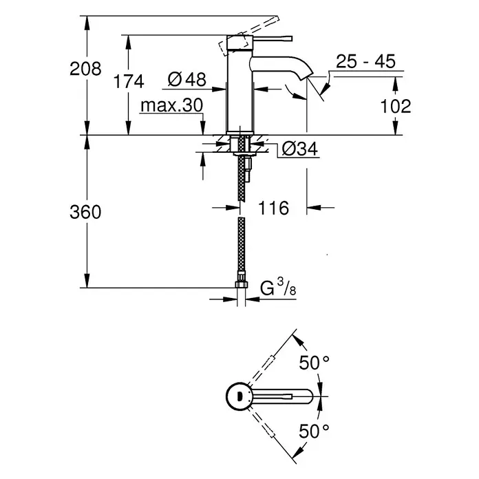 Grohe Essence Waschtischarmatur S-Size - Chrom - Skizze