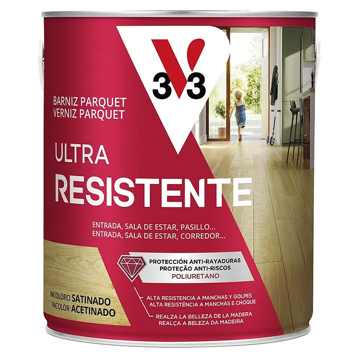 V33 Barniz para parquet Ultra resistente - Incoloro, Satinado, 750 ml, Base solvente - Vista frontal