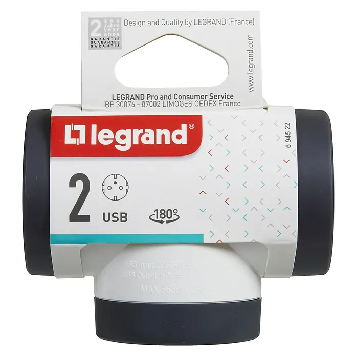 Legrand Ladrón Rotativo - Blanco/Negro, 16 A, 3.680 W - Vista frontal