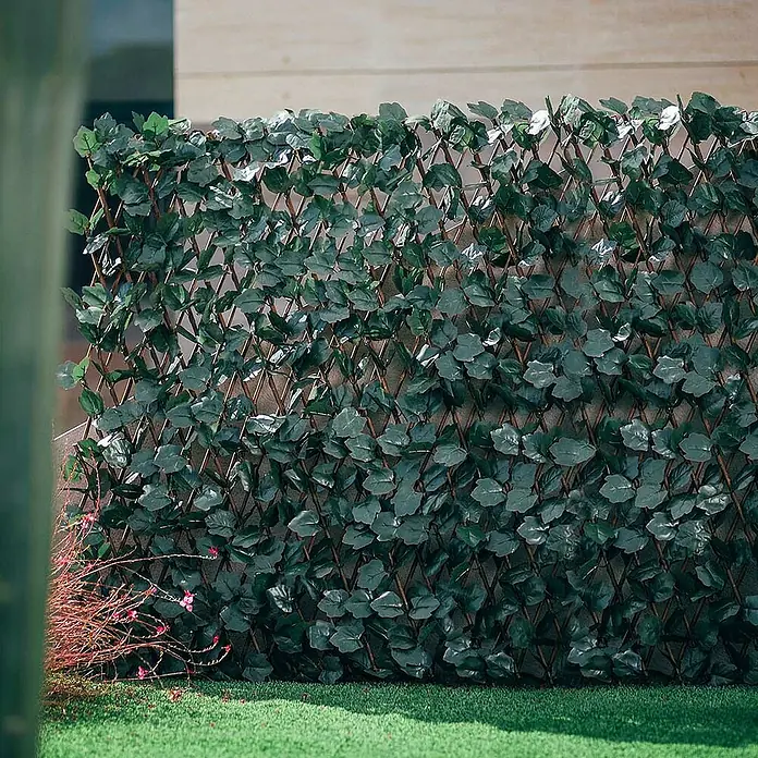 Celosía extensible con hojas - 2 x 1 m, Plástico, Marrón/Verde - Foto ambiente