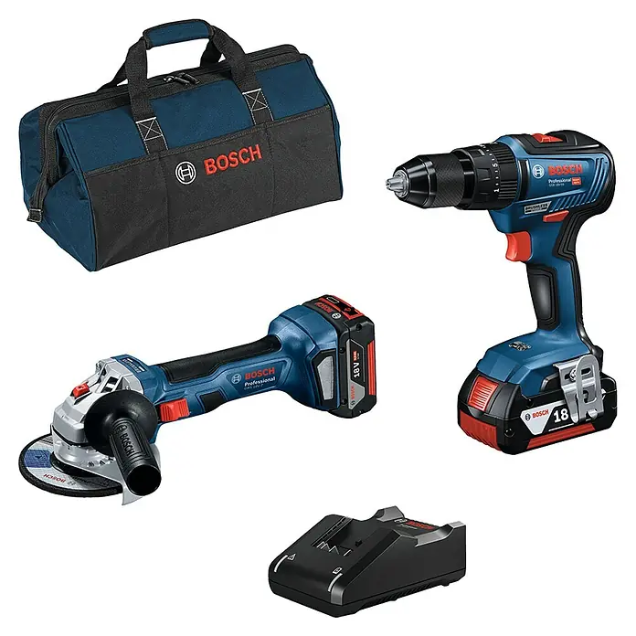 Bosch Professional Taladro atornillador percutor de batería GSB 18V-55 + amoladora GWS 18V-7 - 18 V, 2 baterías, 4 Ah - Vista angular