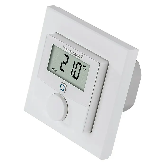 Homematic IP Funk-Raumthermostat HmIP-BWTH - Netzbetrieben, 230 V/50 Hz, 54 x 86 x 86 mm - Linke Seitenansicht
