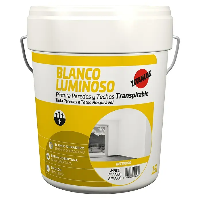 Titanlux Pintura para paredes Blanco Luminoso - Blanco luminoso, 15 l, Mate - Vista frontal
