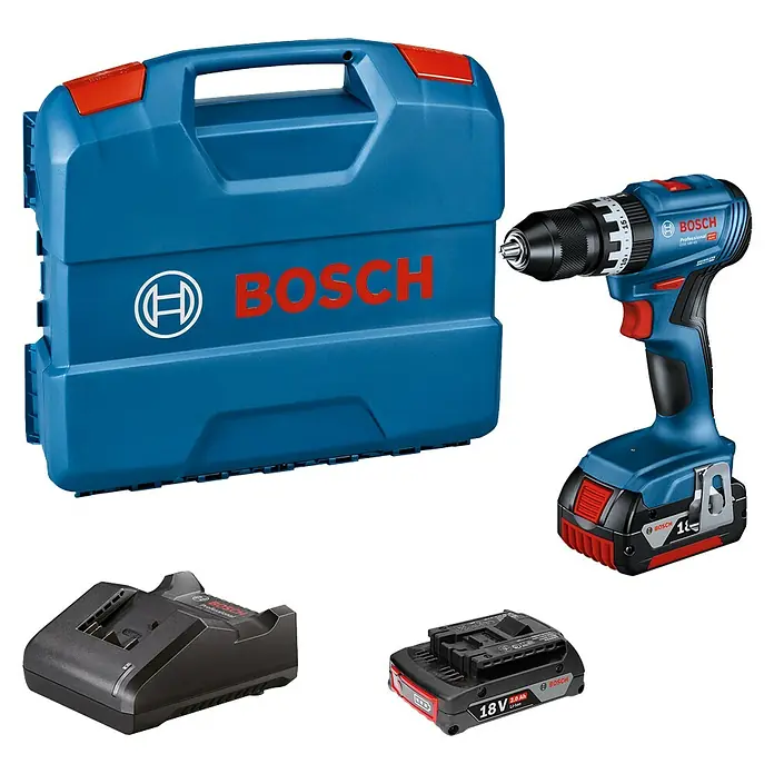 Bosch Professional Akku-Schlagbohrschrauber GSB 18V-45 - 18 V, 2 Akkus, 4 Ah, Leerlaufdrehzahl: 0 U/min - 1.900 U/min - Diagonale Ansicht