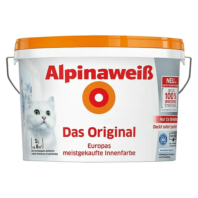 Alpina Alpinaweiß Wandfarbe Das Original - Weiß, 1 l, Matt, Konservierungsmittelfrei - Vorderansicht