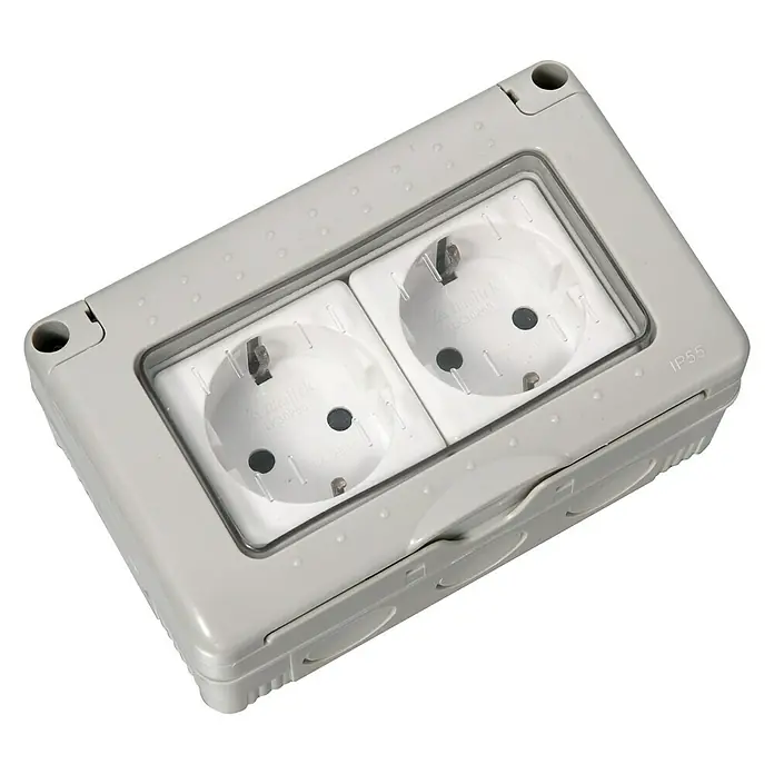 Fontini BF-19 Enchufe para estancias con humedad - x 2, Horizontal, Montaje en la pared, IP55, Gris