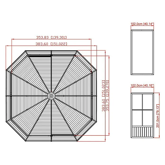 Sojag Pavillon Charleston 12 x 12 - L x B x H: 384 x 384 x 281 mm, Anthrazit, 8-Eck-Dach - Skizze