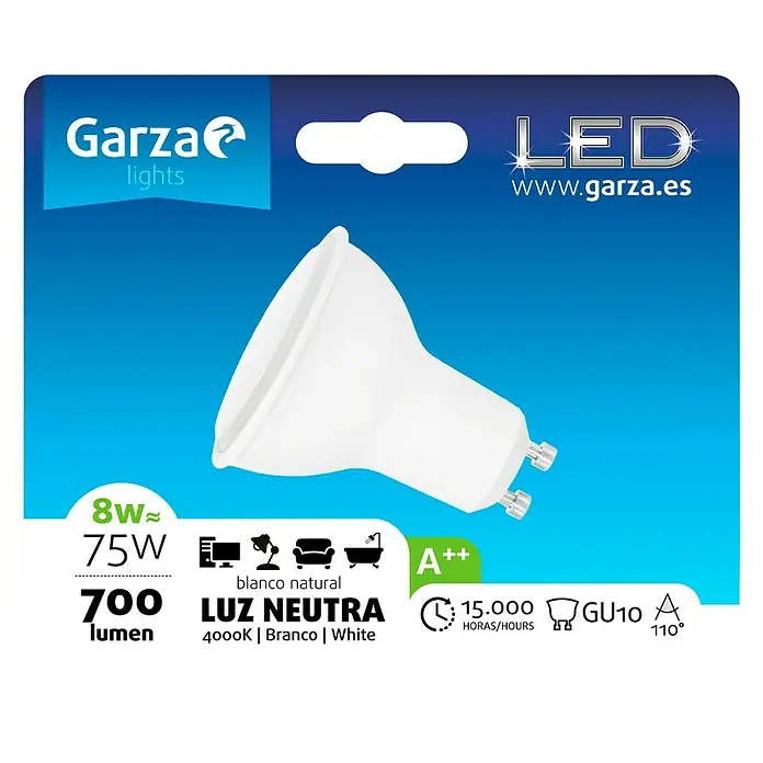 Garza Bombilla LED - 8 W, GU10, Color de luz: Blanco neutro, No regulable, Semirredondo
