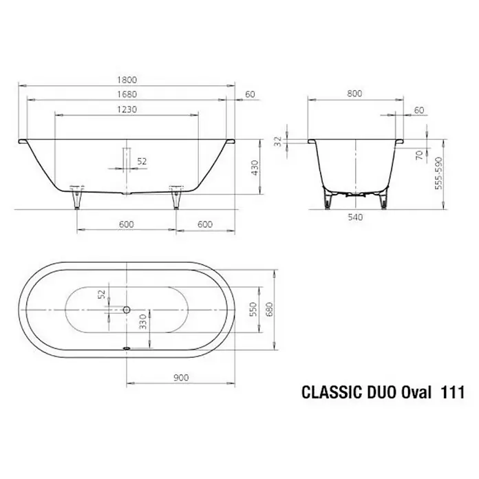 Kaldewei Badewanne Classic Duo Oval 111 - 180 x 80 cm, Stahl-Email, Alpinweiß - Skizze