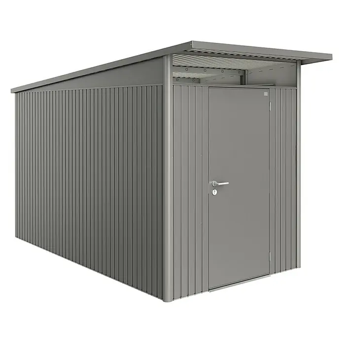 Biohort Gerätehaus AvantGarde A4 - 180 cm, 380 cm, Stahl, Quarzgrau Metallic, Einzeltür - Linke Seitenansicht
