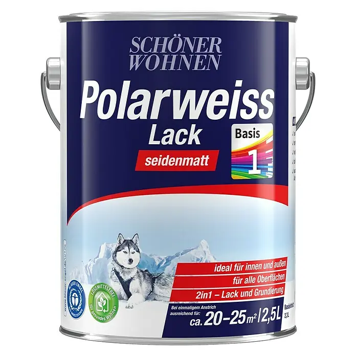 SCHÖNER WOHNEN-Farbe Weißlack Polarweiß Basis 1 - Basismischfarbe, 2,5 l, Seidenmatt - Vorderansicht