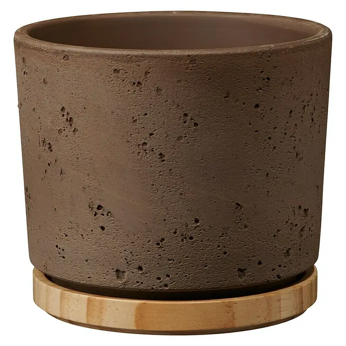 Soendgen Keramik Übertopf rund Paros Deluxe - Außenmaß (Ø x H): 23 x 20 cm, Sandgrau, Holz - Vorderansicht