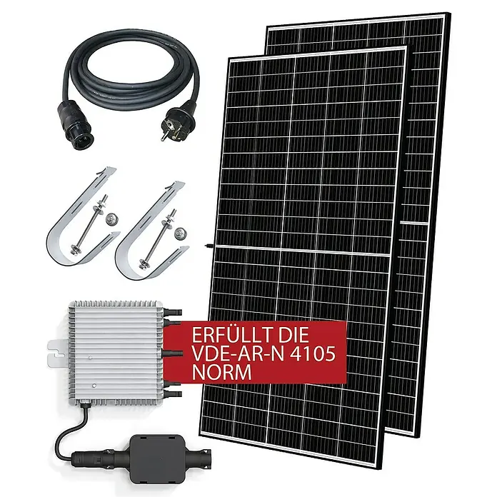 Balkonkraftwerk E-SL-BK-800 - B x H: 113,4 x 3 mm, Nennleistung: 840 W - Solaranlage-Set mit zwei Solarmodulen, Wechselrichter, Anschlusskabel und Montagematerial für die einfache Installation.