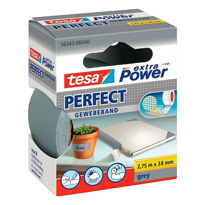 Tesa Extra Power Gewebeband PERFECT - Grau, 2,75 m x 38 mm - Linke Seitenansicht