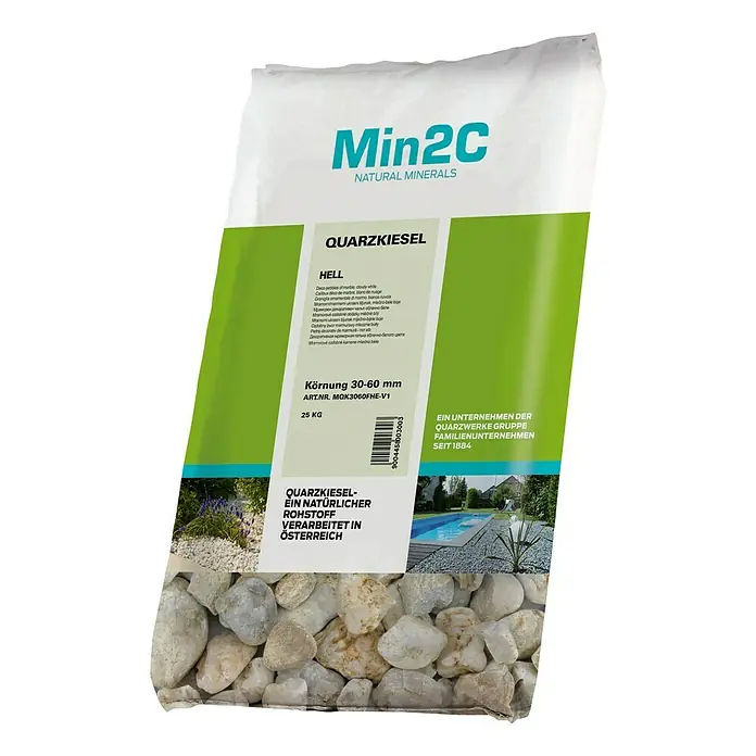 Min2C Quarzkiesel - Hell, Körnung: 30 mm - 60 mm, 25 kg - Vorderansicht