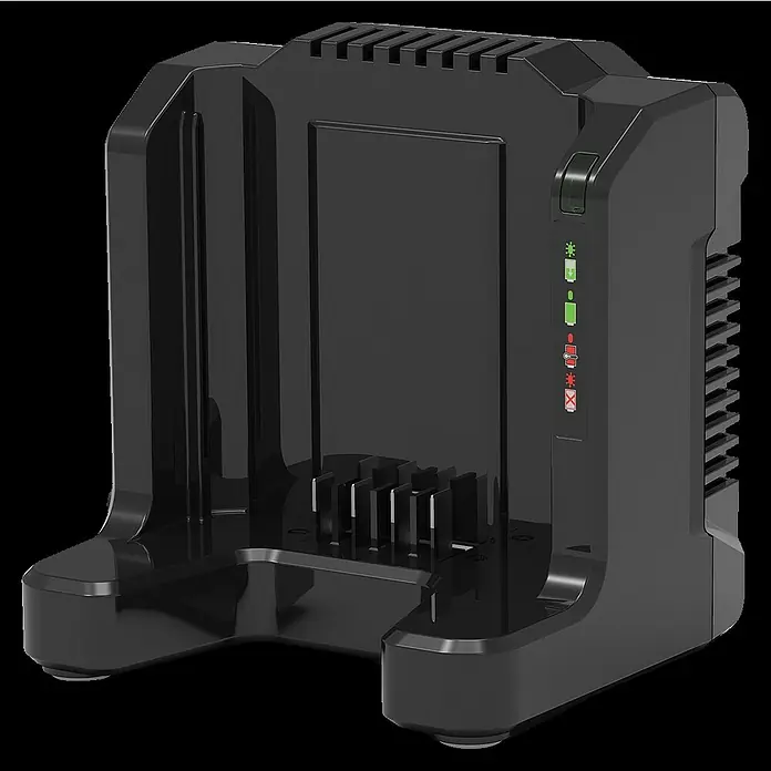 Greenworks Ladestation - Passend für: Alle 60V Greenworks-Akkus - Abbildung eines schwarzen Akkuladegeräts mit LED-Anzeigen für den Ladezustand und Fehlermeldungen, ideal für Werkzeuge und Gartengeräte.