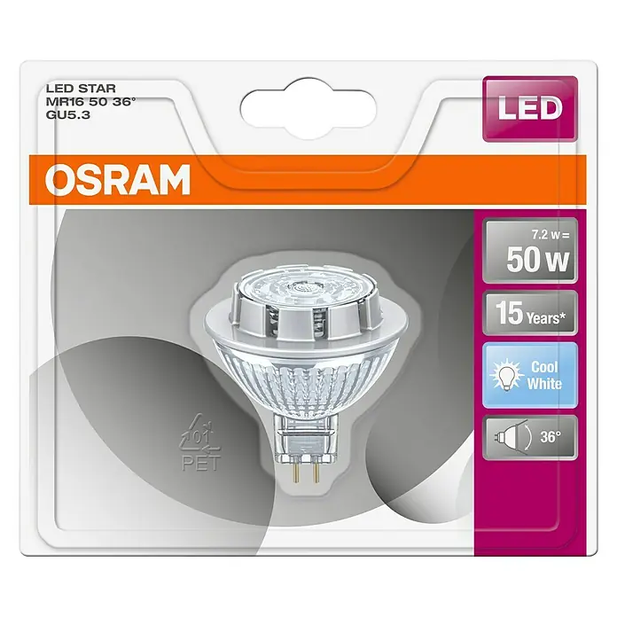 Osram LED-Leuchtmittel Star MR16 - 7,2 W, 36 °, Nicht Dimmbar, Kaltweiß - Ansicht von oben