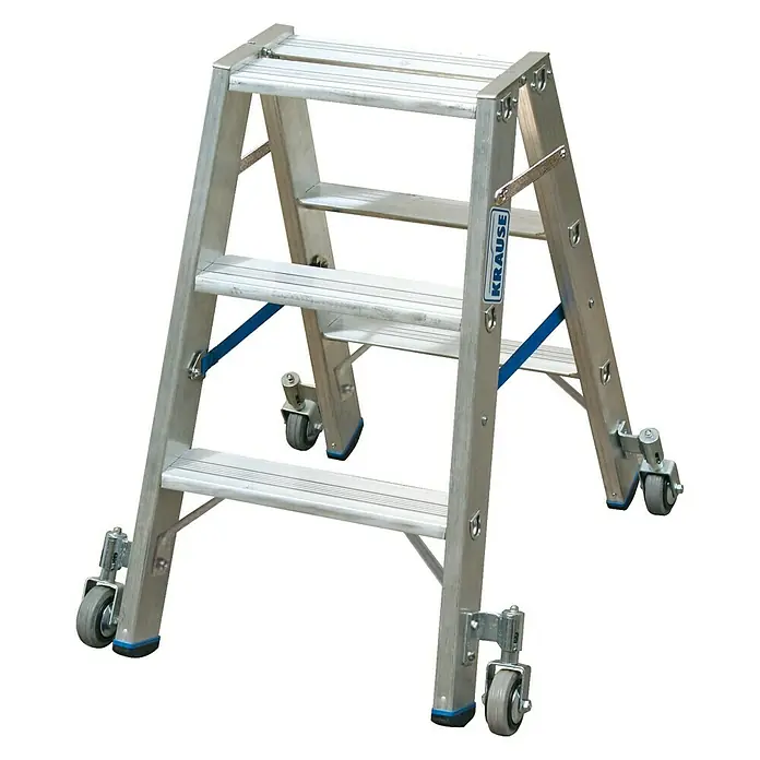 Krause Stabilo Stufen-Doppelleiter Fahrbar - Arbeitshöhe: 2,25 m, Anzahl Tritte: 2 x 3 Stufen, Tiefe Stufen: 80 mm, Material: Aluminium, Fahrbar - Vorderansicht