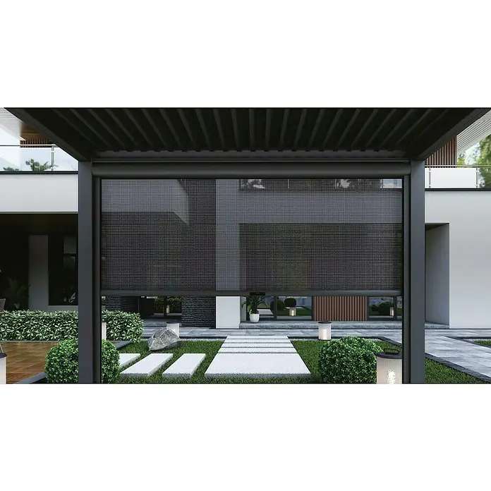Pergola für Pergola 3x3m - L x B x H: 270 x 260 x 13 cm, Aluminium, Anthrazit - Das Bild zeigt eine moderne Pergola mit einem eleganten, dunklen Rollo, das Schatten spendet und Privatsphäre bietet. Der Aussenbereich ist stilvoll gestaltet.