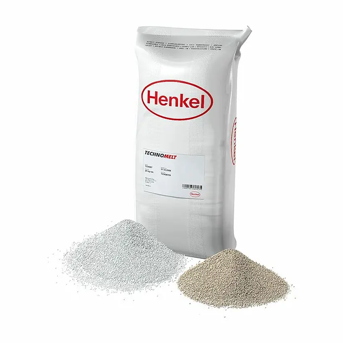 Universalkleber DORUS KS217 - B x L: 28 x 30 cm - Darstellung eines Sackes Technomelt Klebstoff von Henkel, mit Klebstoffgranulat in Weiß und Beige im Vordergrund.